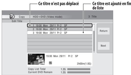 Ce titre n'est pas déplacé Ce titre est ajouté en fin de liste Copy HDD→DVD (Video mode) 3 Title Edit Title 1 19:00 Mon 29/11 Pr 2 SP 2 19:00 Mon 29/11 Pr 2 SP 3 19:00 Mon 29/11 Pr 2 SP Return Next 19:00 Mon 29/11 Pr 2 SP 2h00m(1.0G) Copy List Total 1.2G Current DVD Remain 1.2G
