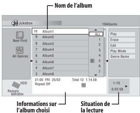 Nom de l'album 10 Albums 10 Album1 ALL 9 Album2 1 8 Album3 2 7 Album4 3 6 Album5 4 5 Album6 5 4 Album7 6 3 Album8 7 21:00 FRI 25/03 Total 12 1.14.58 Repeat Off Play Erase Edit Play Mode Genre Name HDD Remain 60h30m 1-10 0.03.58 Informations sur l'album choisi Situation de la lecture