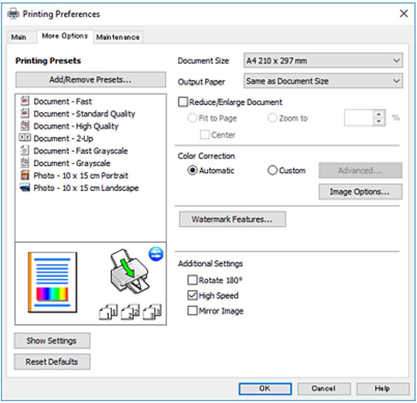 EPSON XP-355 - Onglet Plus d'options - 1