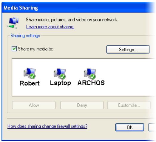 ARCHOS 43 ANDROID 16 GO - CONFIGURATION DES OPTIONS DE PARTAGE DU LECTEUR WINDOWS MEDIA® - 2