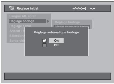 Réglage initial Langue Aff. écran Réglage horloge Réglage cmini Aspect TV Sélection Sortie vide Réglage automatique horloge On Off