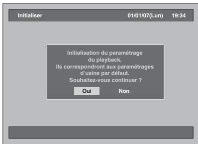Initialiser 01/01/07(Lun) 19:34 Initialisation du paramétrage du playback. Ils correspondront aux paramétrages d'usine par défaut. Souhaitez-vous continuer ? Oui Non