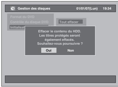 Gestion des disques 01/01/07(Lun) 19:34 Format du DVD Contrôle du disque DVD Initialisat Tout effacer Effacer le contenu du HDD: Les titres protégés seront également effacés. Souhaitez-vous poursuivre ? Oui Non