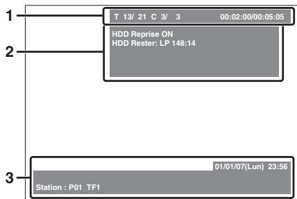 1 T 13/ 21 C 3/ 3 00:02:00/00:05:05 2 HDD Reprise ON HDD Rester: LP 148:14 3 01/01/07(Lun) 23:56 Station : P01 TF1