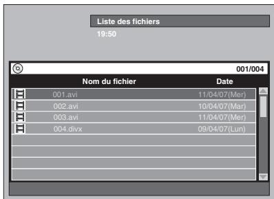 Liste des fichiers 19:50 001/004 Nom du fichier Date 001.avi 11/04/07(Mer) 002.avi 10/04/07(Mar) 003.avi 11/04/07(Mer) 004.divx 09/04/07(Lun)