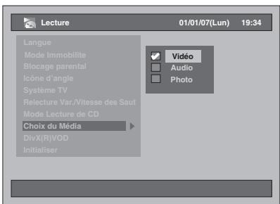 Lecture 01/01/07(Lun) 19:34 Langue Mode Immobilite Blocage parental Icône d'angle Système TV Relecture Var./Vitesse des Saut Mode Lecture de CD Choix du Média DivX(R)VOD Initialiser Vidéo Audio Photo