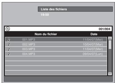 Liste des fichiers 19:50 001/004 Nom du fichier Date 001.MP3 11/04/07(Mer) 002.MP3 10/04/07(Mar) 003.MP3 11/04/07(Mer) 004.MP3 09/04/07(Lun)