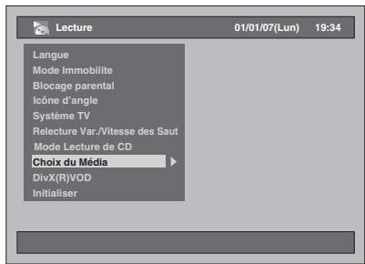 Lecture 01/01/07(Lun) 19:34 Langue Mode Immobilite Blocage parental Icône d'angle Système TV Relecture Var./Vitesse des Saut Mode Lecture de CD Choix du Média DivX(R)VOD Initialiser
