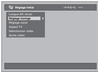 Réglage initial Langue Aff. écran Réglage horloge Réglage canal Aspect TV Sélectionner vidéo Sortie vidéo