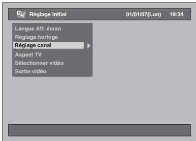 Réglage initial 01/01/07(Lun) 19:34 Langue Aff. écran Réglage horloge Réglage canal Aspect TV Sélectionner vidéo Sortie vidéo