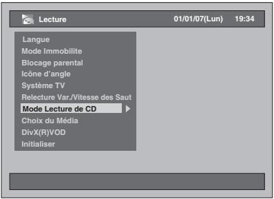 Lecture 01/01/07(Lun) 19:34 Langue Mode Immobilite Blocage parental Icône d'angle Système TV Relecture Var./Vitesse des Saut Mode Lecture de CD Choix du Média DivX(R)VOD Initialiser