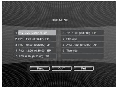 DVD MENU 1 P42 0:20 (0:31:47) SP 2 P20 1:20 (0:00:47) EP 3 P99 10:20 (0:20:00) LP 4 P12 12:20 (0:30:00) EP 5 P09 0:20 (0:30:00) SP 6 P01 1:10 (0:30:00) EP 7 Titre vide 8 AV3 7:20 (0:10:00) XP 9 Titre vide Prev. QUIT Fed.