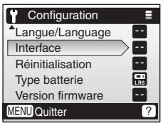 NIKON CoolpixLG - Appuyez sur les commandes ▲ or ▼ pour sélectionnner [Interface], puis appuyez sur ©. - 1