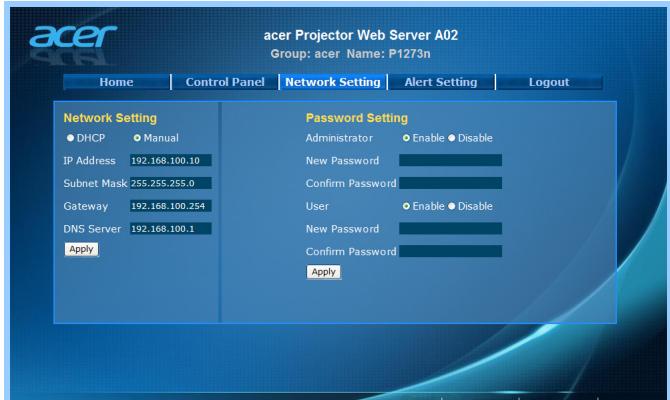 ACER P1273B - Network Setting (Réglages de réseau) - 1