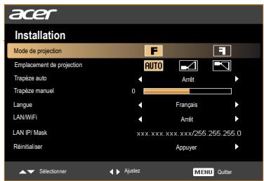 ACER P1273B - Menu d'installation - 2
