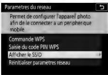 NIKON D5500+AF-P 18-55 - Affichez le SSID de l'appareil photo. Mettez en surbrillance Paramètres du réseau et appuyez sur © . - 2