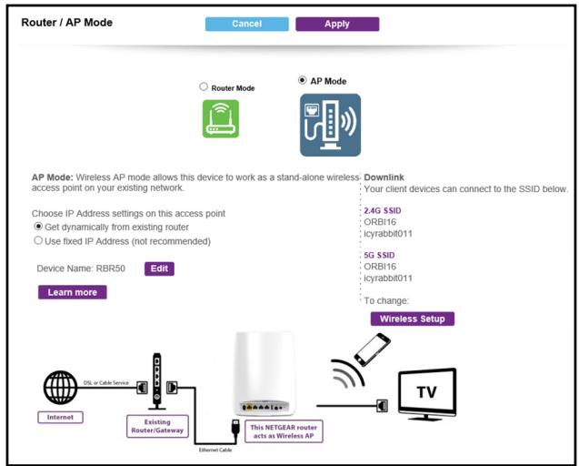 NETGEAR RBR50-100PES - To set up the Orbi router as an AP after you set up your Internet connection: - 1