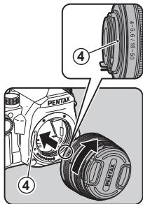 PENTAX KP - Alignez les repres de la monture de l'objectif (points rouges : ④) sur l'appareil et l'objet, puis toumez l'objet dans le sens horaire jusqu'à ce qu'il s'énclenché en position. - 1