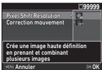 PENTAX KP - Sélectionnez [Marche] ou [Arrêt] dans [Pixel Shift Resolution] et appuyez sur OK. - 1