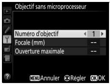 NIKON D810 - Choisissez un numero d'objectif. Mettez en surbrillance Numéro d'objectif et appuyez sur ou pourCHOISIR un numero d'objectif. - 1