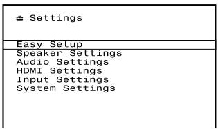 SONY STR-DH740 - Sélectionnez « Settings » dans le menu, puis appuyez sur ① pour entrer dans le mode menu. - 1