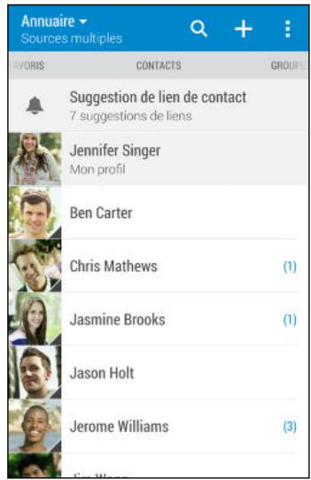 Annuaire Sources multiples VIVORIS CONTACTS GROUPS Suggestion de lien de contact 7 suggestions de liens Jennifer Singer Mon profil Ben Carter Chris Mathews (1) Jasmine Brooks (1) Jason Holt Jerome Williams (3)