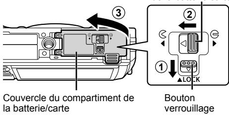 OLYMPUS TG-5 - Suivez les étapes ① , ② et ③ pour ouvrir le couvercle du compartment de la batterie/carte. - 1