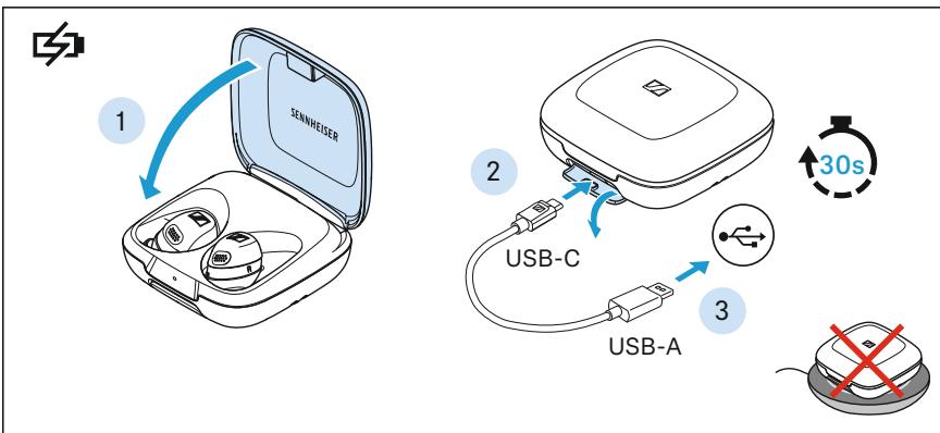 SENNHEISER momentumsports - Réveiller les écouteurs et le boîtier de chargement et charger les batteries - 1
