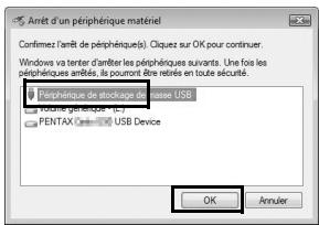 PENTAX X90 - Sélectionnez [Périphérique de stockage de masse USB] puis cliquez sur [OK]. - 1