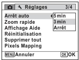PENTAX X90 - Utilisez le bouton de navigation ( ) pour définir le laps de temps qui s'écoule avant la mise hors tension automatique de l'appareil. - 1