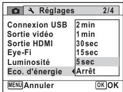 PENTAX X90 - Utilisez le bouton de navigation ( ) pour selectionner le laps de temps qui s'ecoule avant l'activation du mode economie d'énergie. - 1