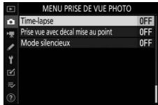 NIKON Z6II+24-70MM - Mettez en surbrillance [Time-lapse] dans le menu Prise de vue photo et appuyez sur 已 - 1