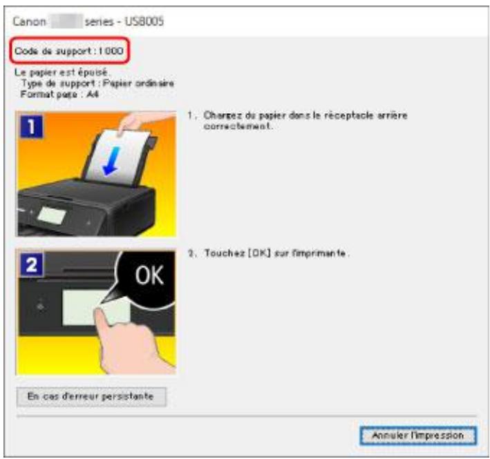 CANON TS8151 - Lorsqu'un code de support et un message s'affichent à l'écran (Windows) : - 1