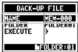 ZOOM H4nPro - Sélectionnez NAME pour modifier le nom du fichier, ou FOLDER pour changer de dossier de destination. - 1
