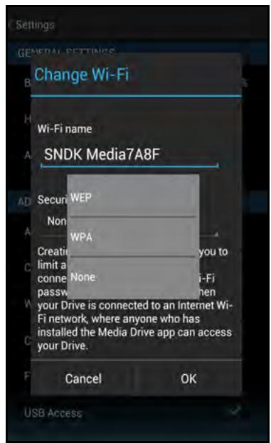 SANDISK COMMECT WIRELESS MEDIA DRIVE - On the Change Wi-Fi screen, tap the line below Security: - 2