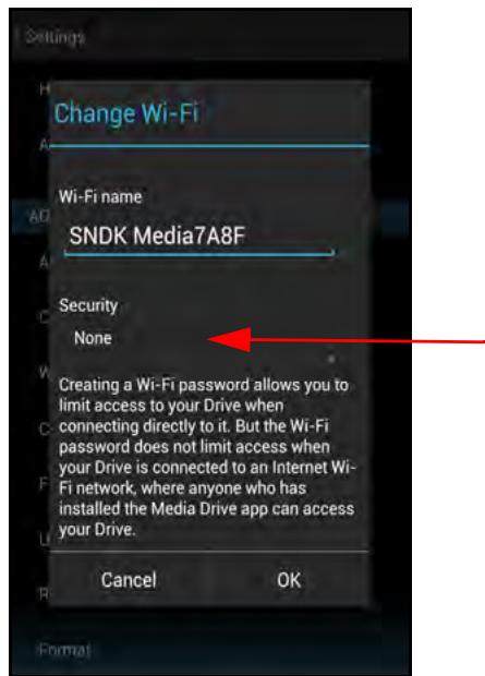 SANDISK COMMECT WIRELESS MEDIA DRIVE - On the Change Wi-Fi screen, tap the line below Security: - 1