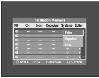 SAMSUNG AK68-01003B-00 - Appuyez sur les boutons ▲▼ pour sélectionner un PR (programme) que vous souhaitez éditer, supprimer ou permuter, puis appuyez sur le bouton ▶ ou OK. Sélectionnez Éditer, Supprimer ou Swap à l'aide des touches ▲▼ puis appuyez sur le bouton OK ou ▶. - 1