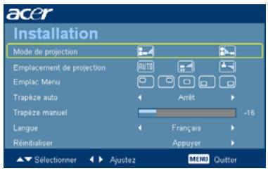 ACER P1303PW - Menu d'installation - 2