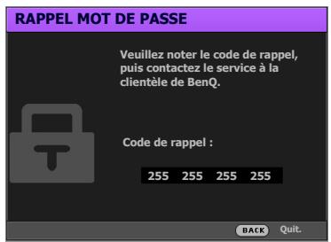 BENQ W1720 - Procedure de rappel de mot de passage - 1