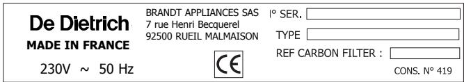 DE DIETRICH DHD 389 WG1 - ou nous téléphoner au : - 1