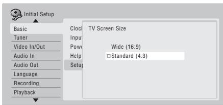 PIONEER DVR-530H-AV - Sélectionnez le type d'écran qui équipe le télévisueur, 'Wide (16:9)' ou 'Standard (4:3)'. - 1