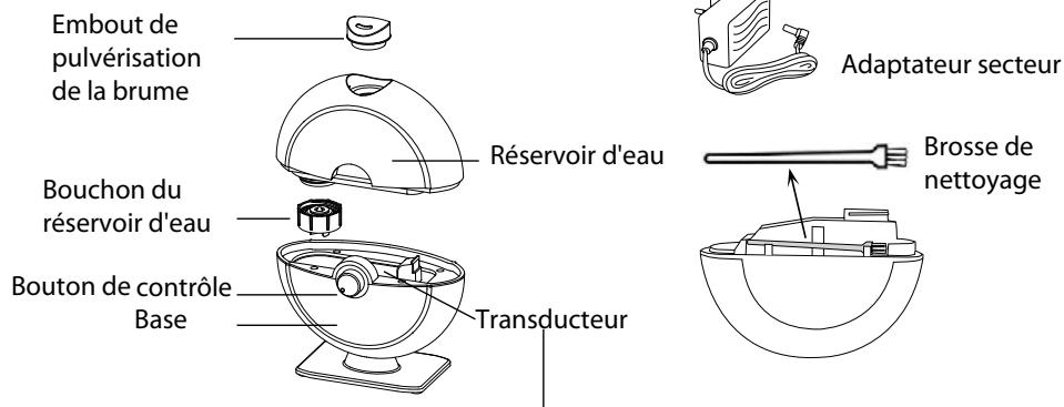 Embout de pulvérisation de la brume Bouchon du réservoir d'eau Bouton de contrôle Base Réservoir d'eau Transducteur Adaptateur secteur Brosse de nettoyage