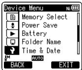 OLYMPUS DM-670 - Appuyez sur la touche + ou - pour désirir l'onglet [Device Menu]. - 1