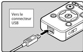 OLYMPUS DM-670 - Lorsque l'enregistreur est en mode stop ou déactivé, connectez le cable USB à la prise de raccordement sur le bas de l'enregistreur. - 1