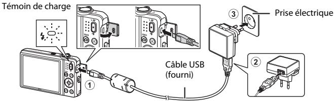 NIKON CLPXS6700BK+HS+4GO - Vérifiez que l'accumulateur est inséré dans l'appareil photo, puis connectez ce dernier à l'adaptateur de charge en suivant l'ordre de ① à ③. - 1