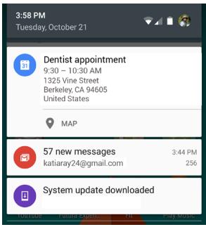 3:58 PM Tuesday, October 21 Dentist appointment 9:30 – 10:30 AM 1325 Vine Street Berkeley, CA 94605 United States MAP 57 new messages katiaray24@gmail.com 3:44 PM 256 System update downloaded