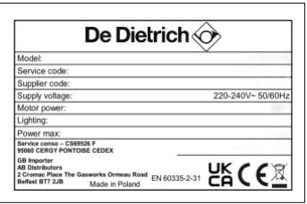 DE DIETRICH DHB2934B - Pièces d'origine : - 6
