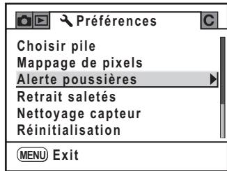 PENTAX K200D+18-55+50-200 - Sélectionnez [Alerte poussières] dans le menu [ 卡 Préférences]. - 1