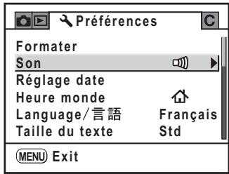 PENTAX K200D+18-55+50-200 - Sélectionnez [Son] dans le menu [ 一 Préférences]. - 1