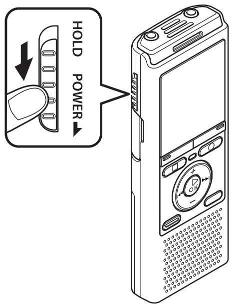 OLYMPUS VN-733+ME-52 - Faites glisser le commutateur POWER/HOLD dans le sens de la flèche pendant au moins une demi-seconde. - 1